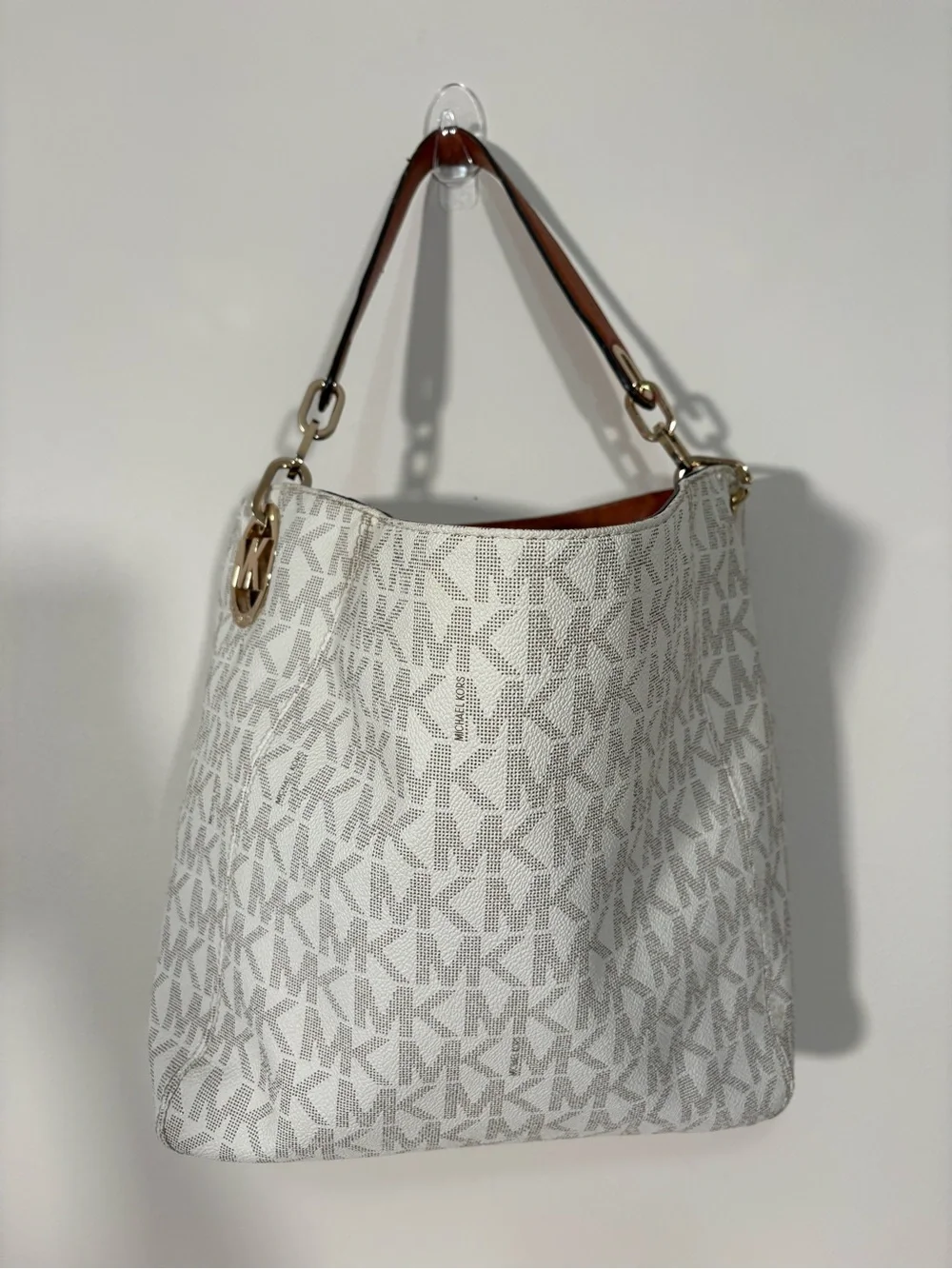 Michael Kors White Logo Canvas Hobo with Brown Leather Strap